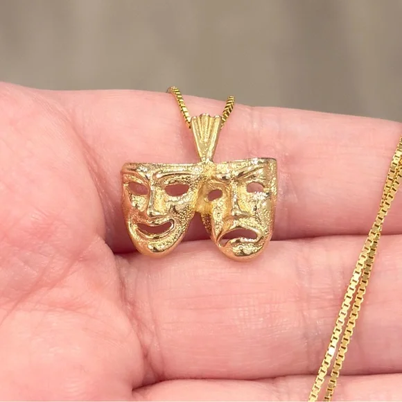 14K Drama Comedy Mask Pendant Yellow Gold Michael Anthony Actor Theater Thespian - Picture 4 of 14